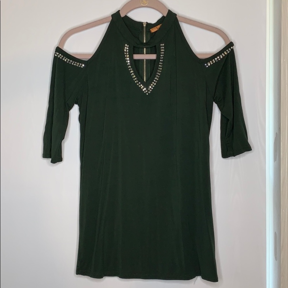 cold shoulder fitted dressy top.